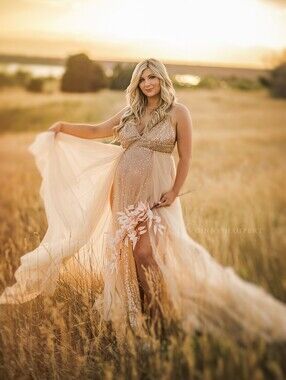 Blush Champagne Tulle Maternity Gown Before & Ever